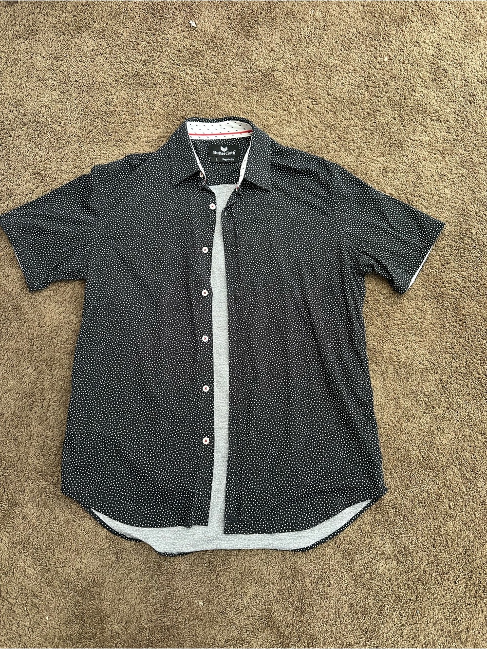 Butter Cloth Short-Sleeve Black Button-Down with White heart Pattern-L